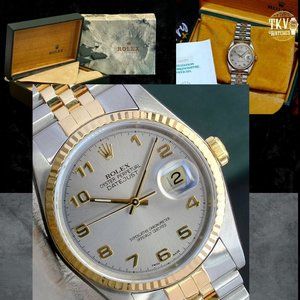 ROLEX MENS DATEJUST 16233 GOLD &STEEL GREY DIAL FLUTED 36MM WATCH BOX & PAPERS
